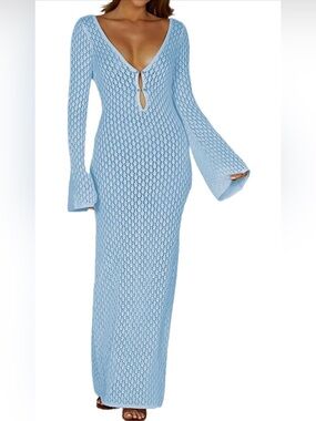 Crochet knit Fishtail Flare Sleeve Maxi Dress swimsuit cover up dress Blue 🔥✨✨